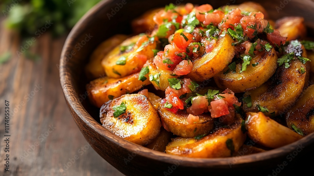 Roasted plantains with pico de gallo in a wooden bowl. Roasted plantains with pico de gallo in a wooden bowl.