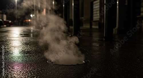 Steam Rising from Manhole on City Street at Night