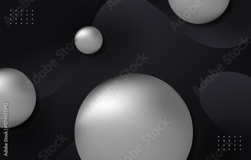 Futuristic 3d metal silver ball vector on fluid liquid black background, geometric white grey gradient neon circle shape light shadow smooth texture, web page banner, poster card print design template