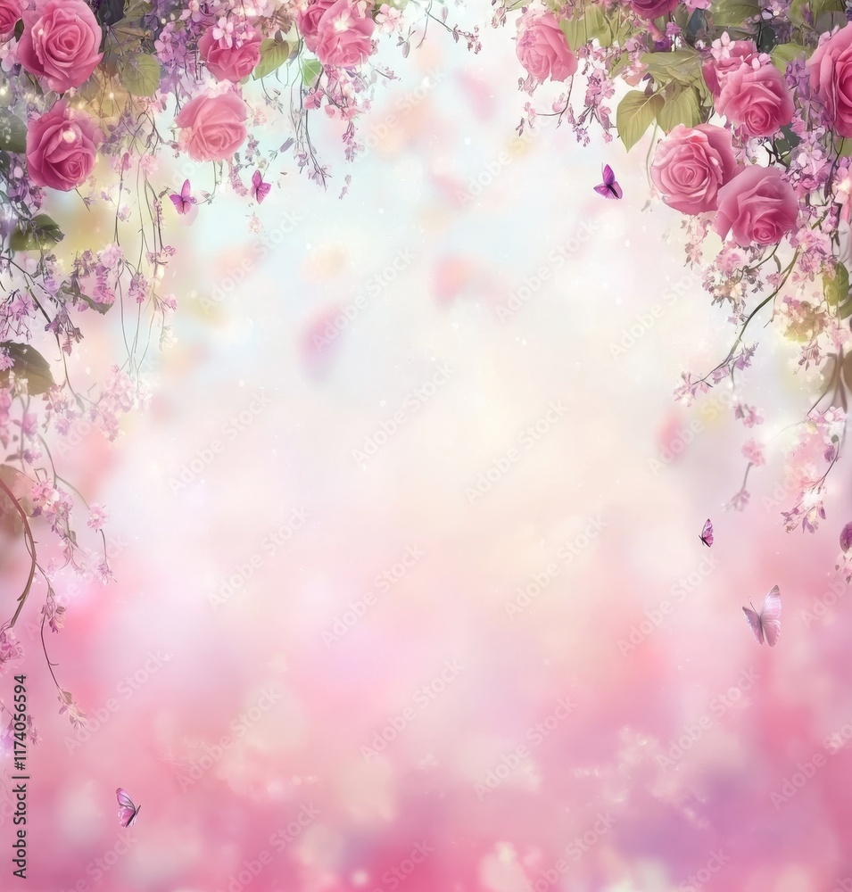 Butterflies dance around beautiful spring flowers in a garden filled with roses. Butterflies dance around beautiful spring flowers in a garden filled with roses.