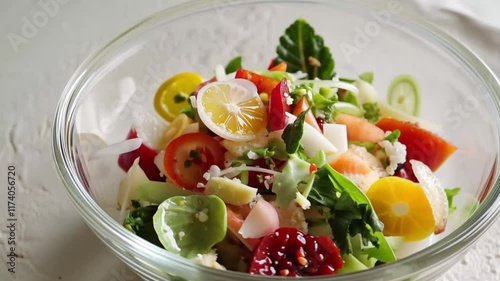 A bowl of colorful salad presented in a clear glass, celebrating fresh and healthy ingredients.