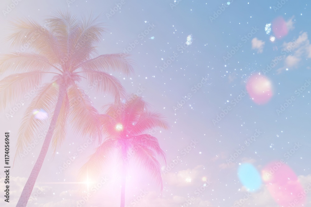 Obraz premium Photograph a tropical palm tree with the sun shining down, framed by a sky background