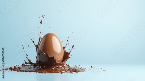 Chocolate Splash With Whole Egg On Light Blue Background, Minimal Easter Concept With Copy Space
