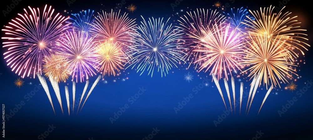 Fototapeta premium The banner for the Silvester Festival Party in New Year 2025 displays fireworks and sparklers on a rustic dark blue night sky texture, creating a panoramic effect