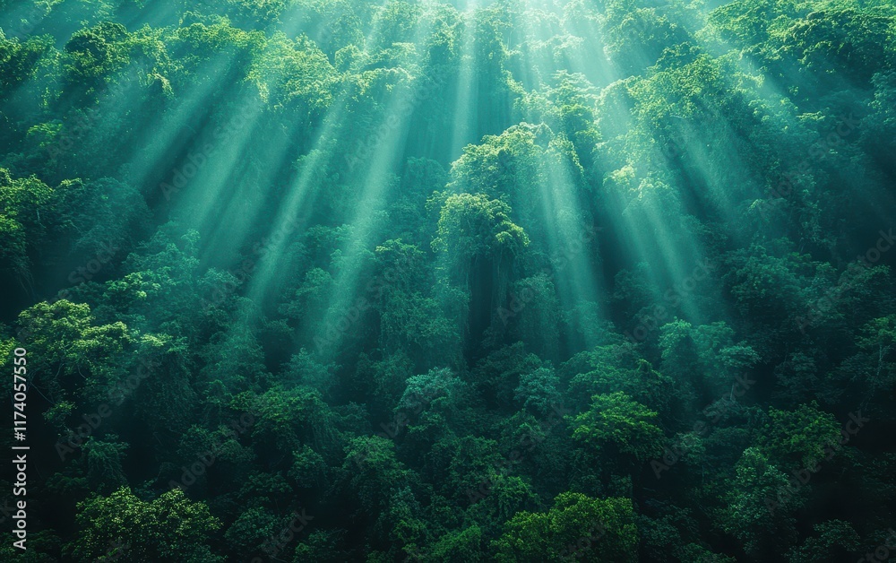 Obraz premium Sunbeams filtering through lush green rainforest canopy, creating a magical, serene atmosphere. A breathtaking aerial view of nature's vibrant beauty.
