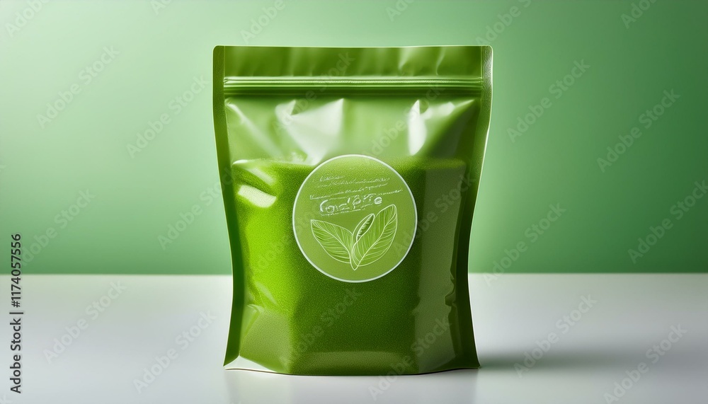 Green pouch of powder on white table against green background.
