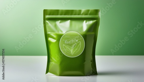 Obraz na płótnie Green pouch of powder on white table against green background. w salonie