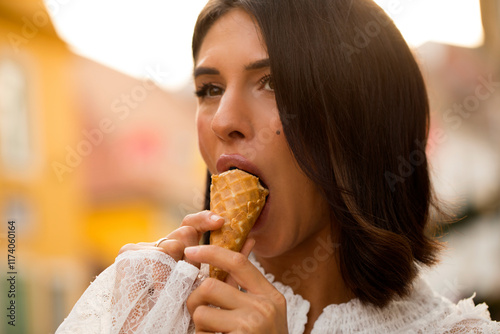 Woman ice cream. Happiness. Travel. Happy day. Female. Ice cream. Dessert. 