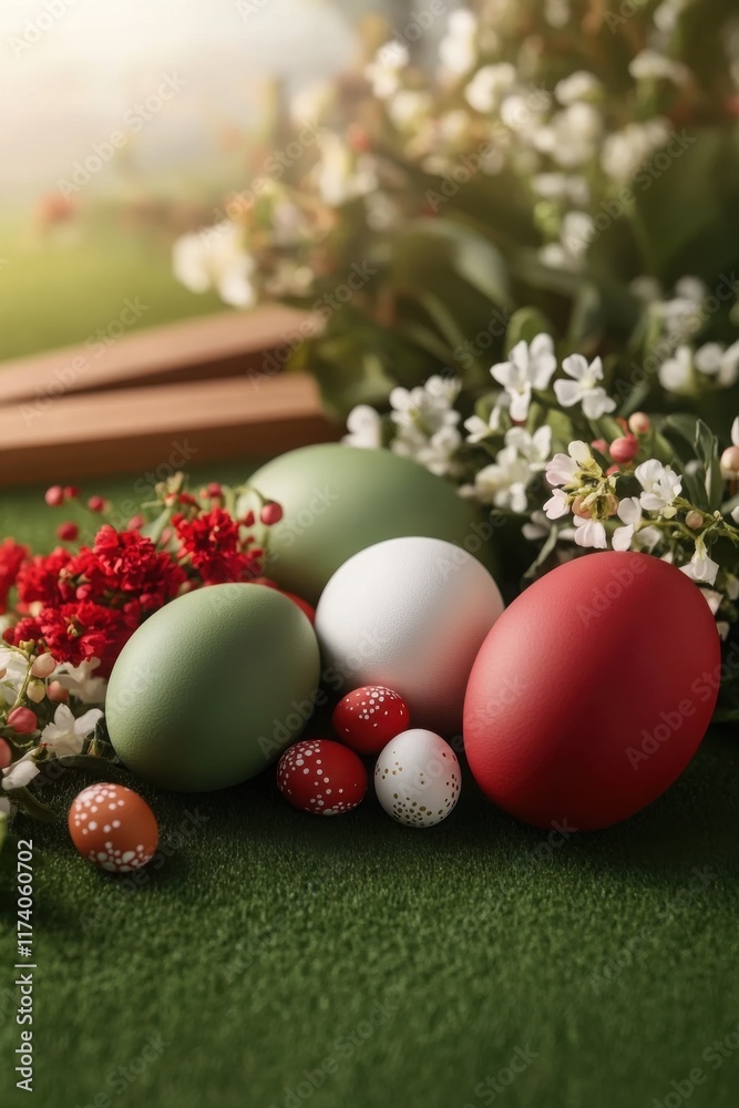 Obraz premium Colorful decorated eggs and flowers create a vibrant Easter celebration in a spring landscape