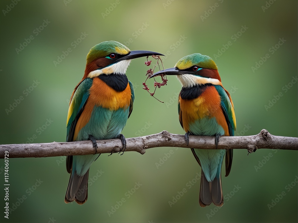 Obraz premium Two vibrant bee-eaters perched on a branch, surrounded by delicate red flowers and greenery, set against a soft natural background. 