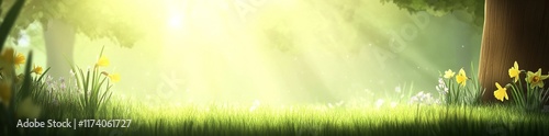 A spring meadow illuminated by warm light features a banner with daffodils in white and yellow prominently displayed.