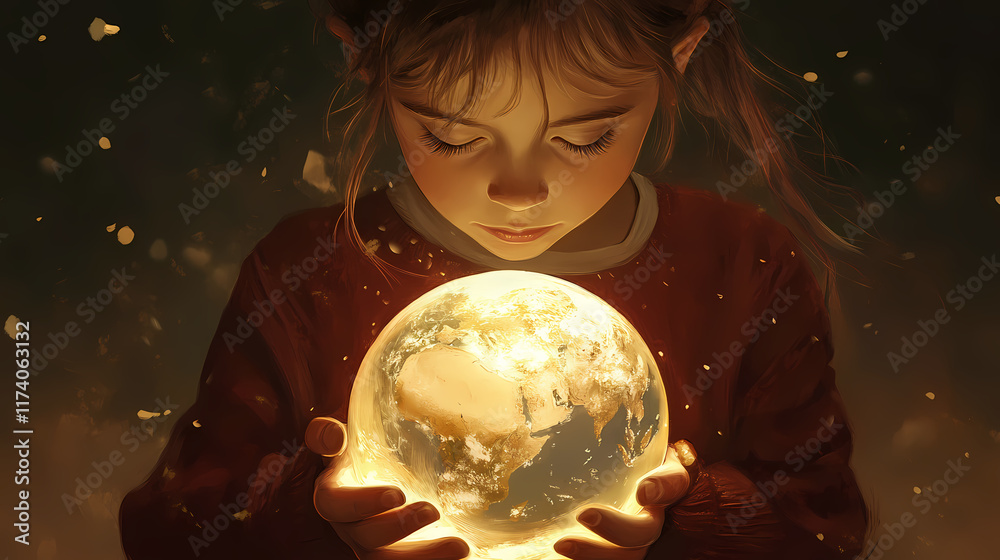 Naklejka premium Jeune fille pensive tenant un globe terrestre lumineux dans ses mains. Earthbound. Illustration
