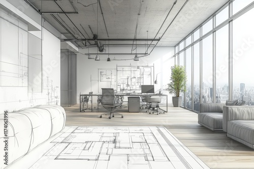 Modern office interior with architectural sketches and city view during daylight