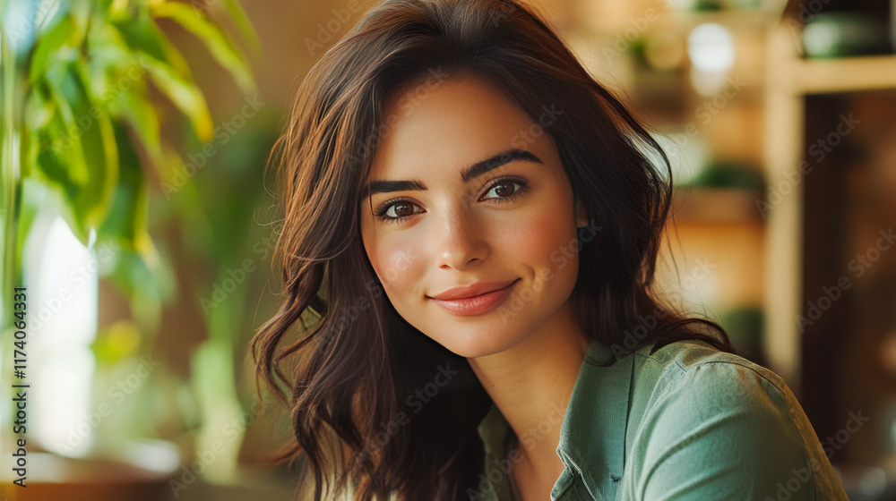 Obraz premium Young caucasian female smiling indoors amidst greenery and warm lighting