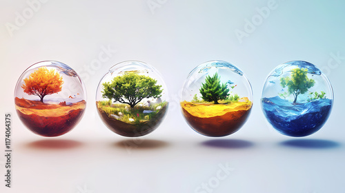 Nature's four elements in minimalist glass globe design. Earthbound. Illustration