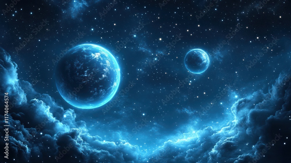 Fototapeta premium Captivating Cosmic Dreamscape with Glowing Planets and Swirling Nebulae in a Starry Night Sky Otherworldly Interstellar Landscape with Mysterious Celestial Phenomenon