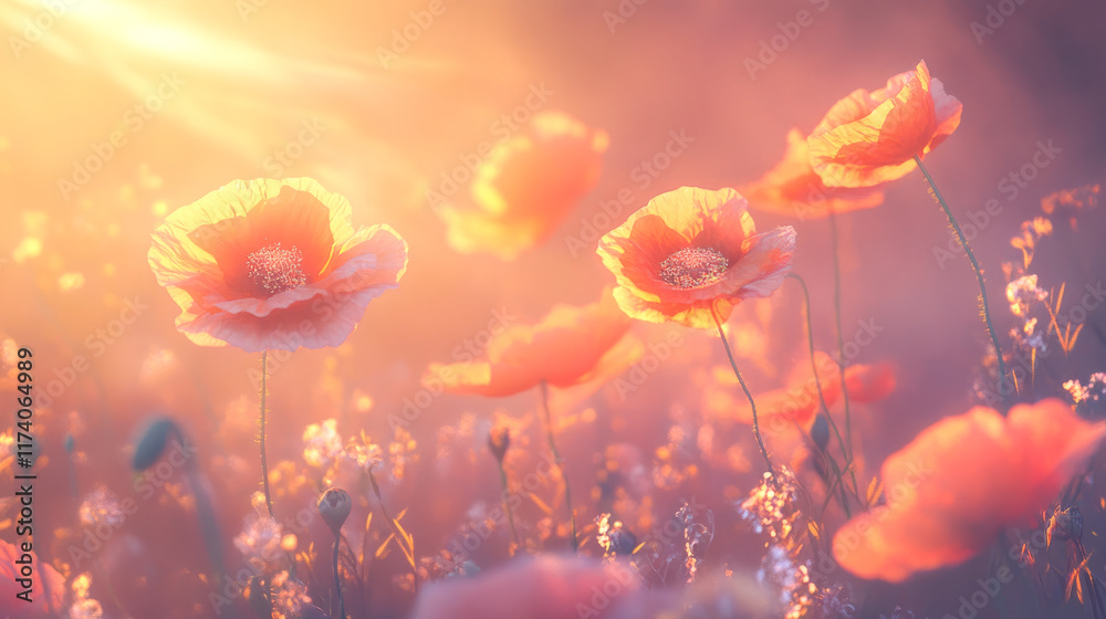 Obraz premium Gentle sunrise over field of vibrant red poppies in blooming meadow