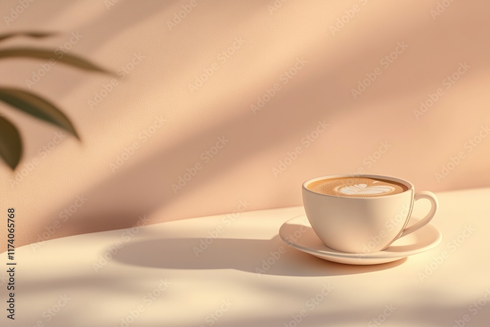 Obraz premium Latte art in a white cup on a table in sunlight.
