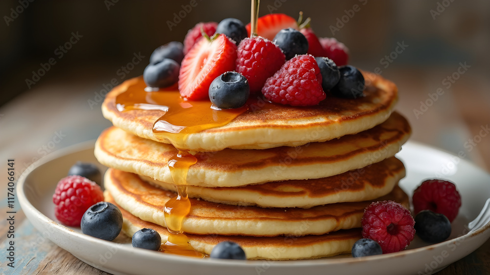 Fluffy pancake recipe. Topped with syrup and berries. Easy breakfast ideas. Ultra realistic food photography. Fluffy pancake recipe. Topped with syrup and berries. Easy breakfast ideas. Ultra realistic food photography.