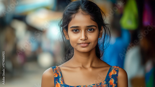 Young indian female with floral dress smiling outdoors in market