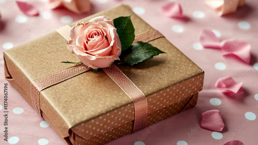 Elegant gift box adorned with a rose placed on a pink dotted background during a celebration