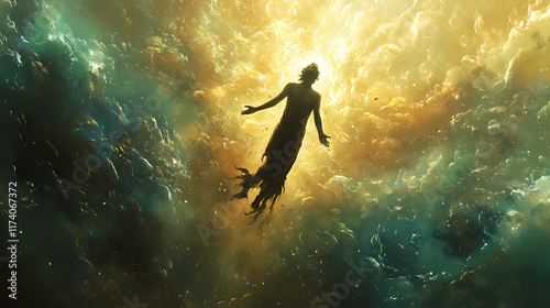 Ethereal ascension: the enigmatic pagan levitating in mystical rapture. Earthbound. Illustration