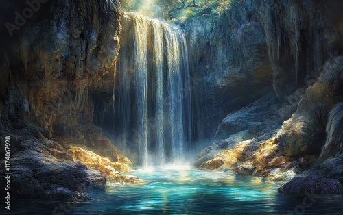 Enchanted Waterfall: A Serene Oasis Hidden Deep Within a Lush Cave