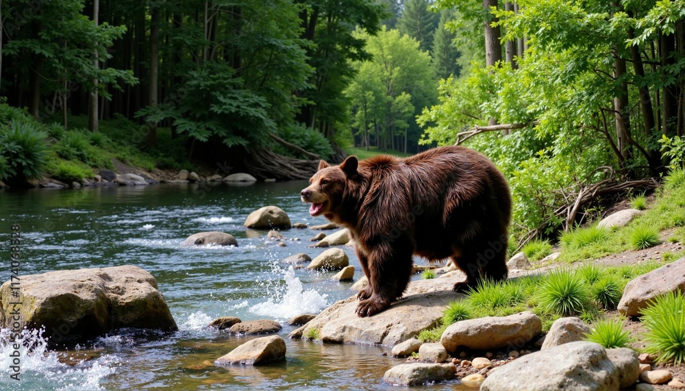 Brown bear fishing by flowing river in vibrant forest, wildlife beauty Brown bear fishing by flowing river in vibrant forest, wildlife beauty