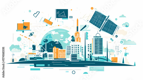 Illustration of satellites sending signals to multiple devices on earth featuring smooth gradients and sharp contrast in a flat design style. Earthbound. Illustration