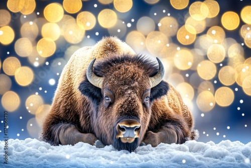 In winter, a bison or aurochs in its natural habitat is surrounded by picturesque snowfall