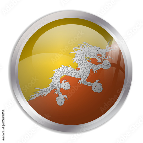 Bhutan flag - glossy circle button displays a colorful flag representing a country cultural identity and heritage. The essence of national pride and unity.