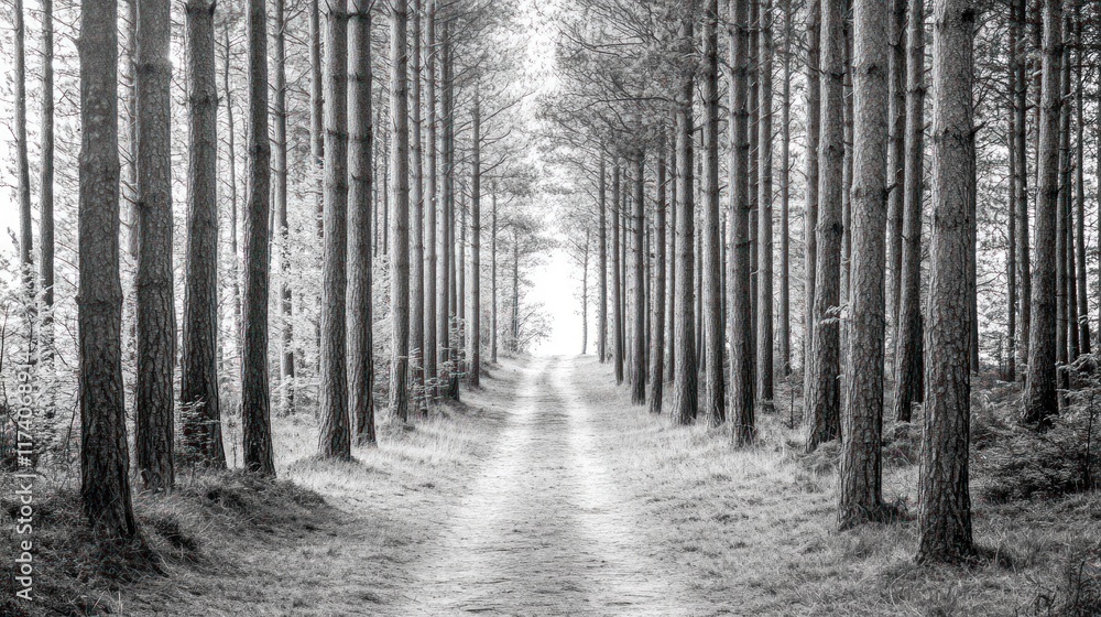 Naklejka premium Monochrome Path Through Tall Pine Trees In A Forest