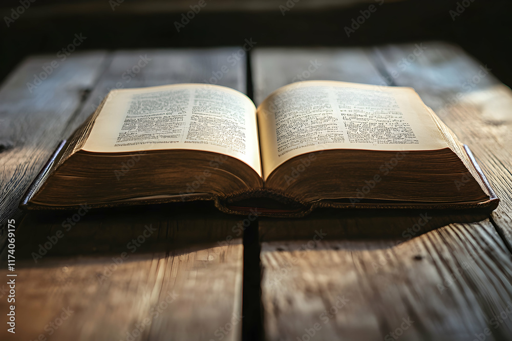 Open book placed on a wooden table with soft natural light Open book placed on a wooden table with soft natural light