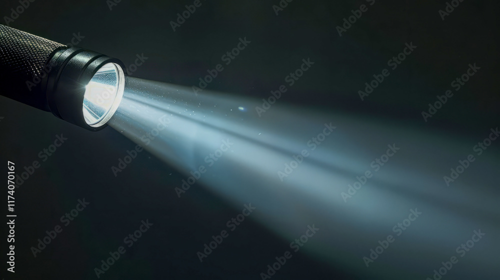 Bright flashlight beam illuminating dark space with focused light ray Bright flashlight beam illuminating dark space with focused light ray