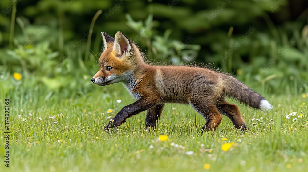 Naklejka premium Little red fox, vulpes vulpes, gazes at green grass in a summer meadow, with ample surrounding space. A young orange predator stands among wildflowers. Wildlife, featuring an animal, amidst a