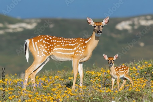 A baby white-tail deer fawn stands in a field close to the forest, near its mother