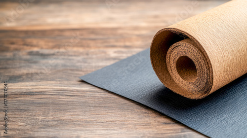 Textured brown kraft paper roll on rustic wooden table surface