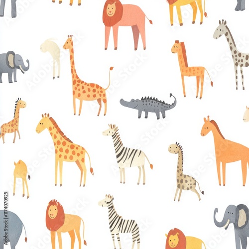 Watercolor Zoo seamless pattern featuring wild animals like giraffes, elephants, cheetahs, and antelopes in the savannah photo