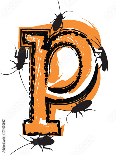Letter p filled with cockroaches and bugs.