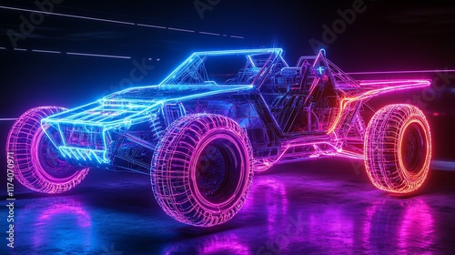 Futuristic neon buggy, vibrant glowing lines, dark background. photo