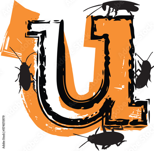 Letter u filled with cockroaches and bugs.
