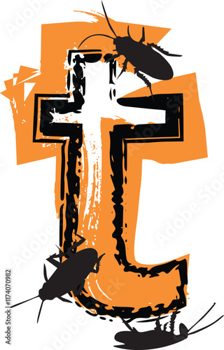 Letter t filled with cockroaches and bugs.