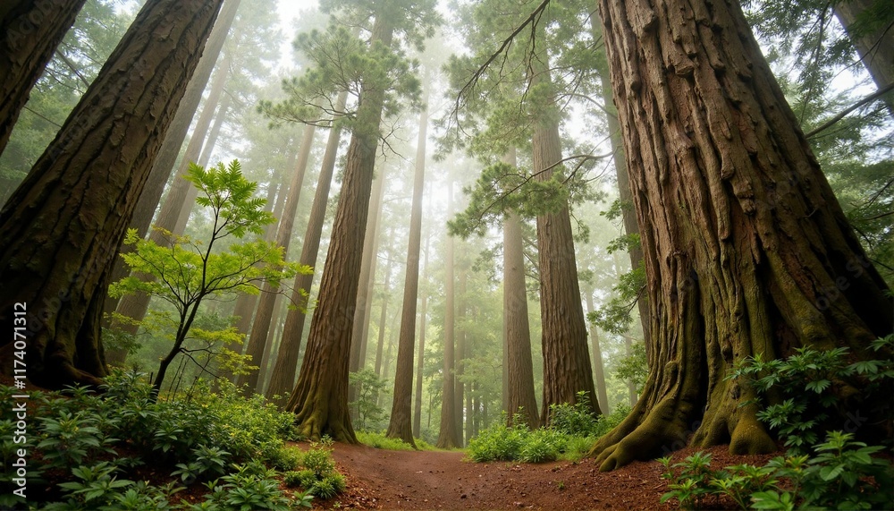 Naklejka premium Majestic redwood forest enveloped in mist, serene nature escape