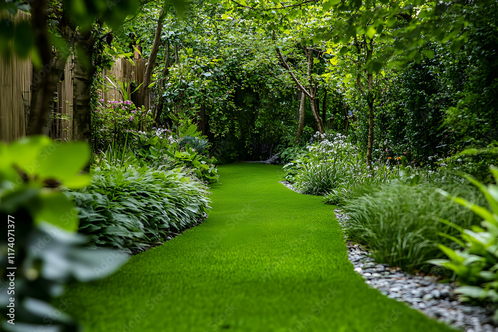 Peaceful green pathway surrounded by dense foliage, showcasing a serene natural escape Peaceful green pathway surrounded by dense foliage, showcasing a serene natural escape