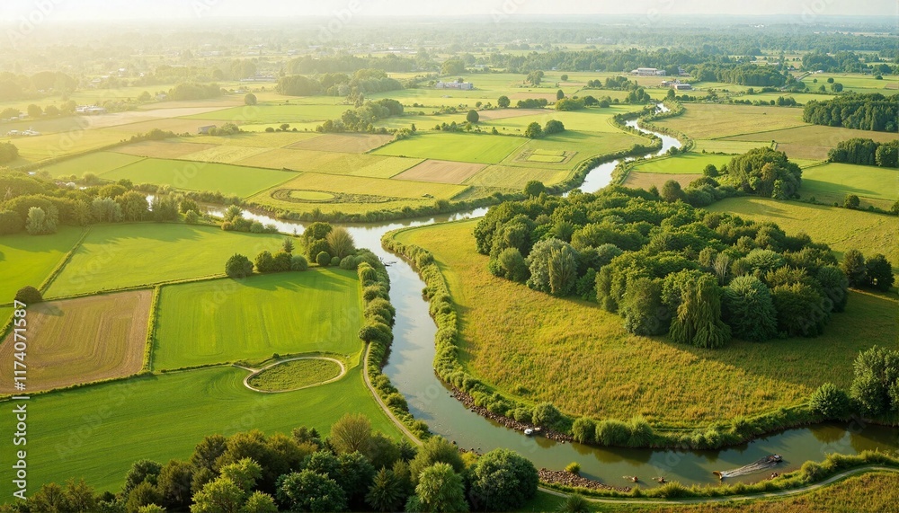 Fototapeta premium Aerial view of fertile river delta with lush greenery, natural beauty