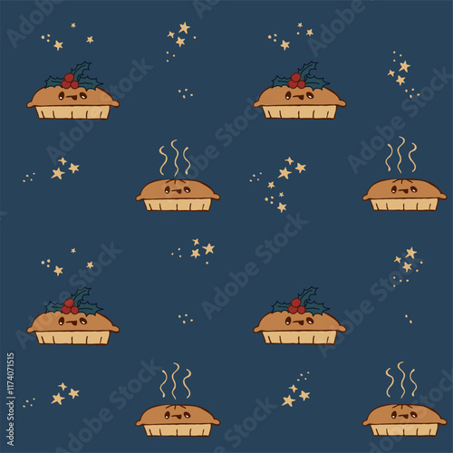 Wallpaper Mural Seamless pattern of Christmas pies on navy background with golden elements. Cute characters. Hot  pies and holly.
 Torontodigital.ca