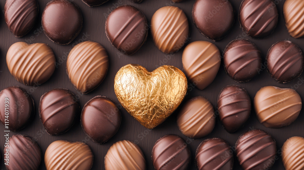 Fototapeta premium Heart-shaped chocolates with a golden foil centerpiece on display