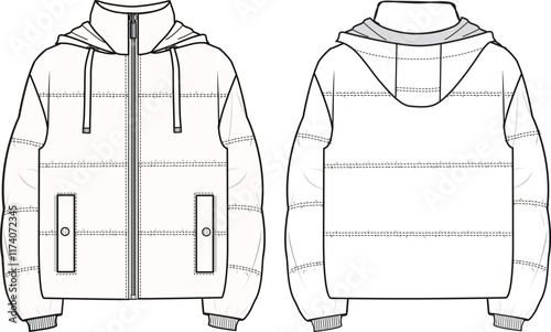 Unisex Hooded Puffer Coat. Technical fashion illustration. Front and back, white color. Unisex CAD mock-up.