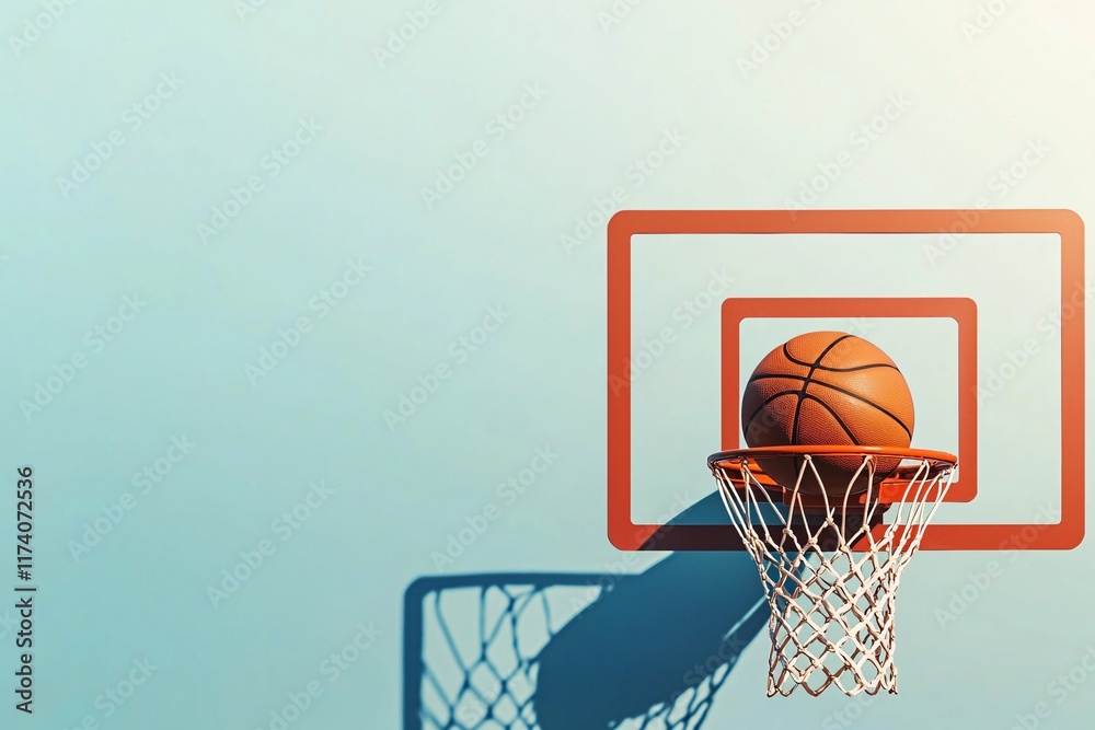 An overhead view of a basketball perfectly poised above the hoop, capturing the essence of sportsmanship and athleticism. An overhead view of a basketball perfectly poised above the hoop, capturing the essence of sportsmanship and athleticism.