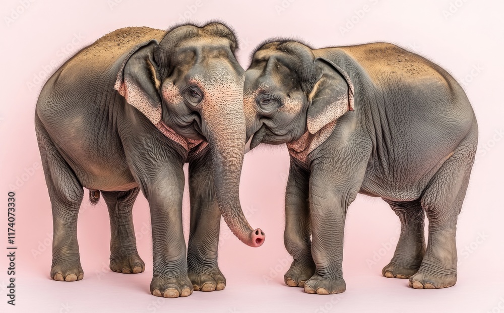Obraz premium Animal pastel love concept, with wild animals showing affection by hugging, featuring two elegant elephants. A Valentine's Day scene in the animal kingdom. Illustration, Stock